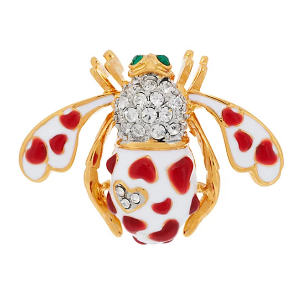 Joan Rivers Pave Crystal BEE PIN Brooch HEARTS Lots Of Love White Enameled Gold